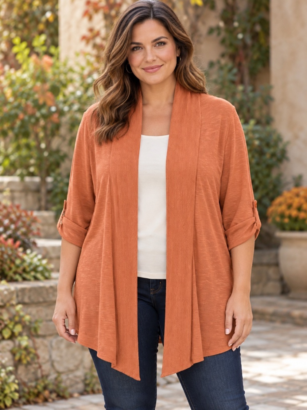 Bobeau Women’s XL Cinnamon Rust Open Front Shawl Collar Cardigan